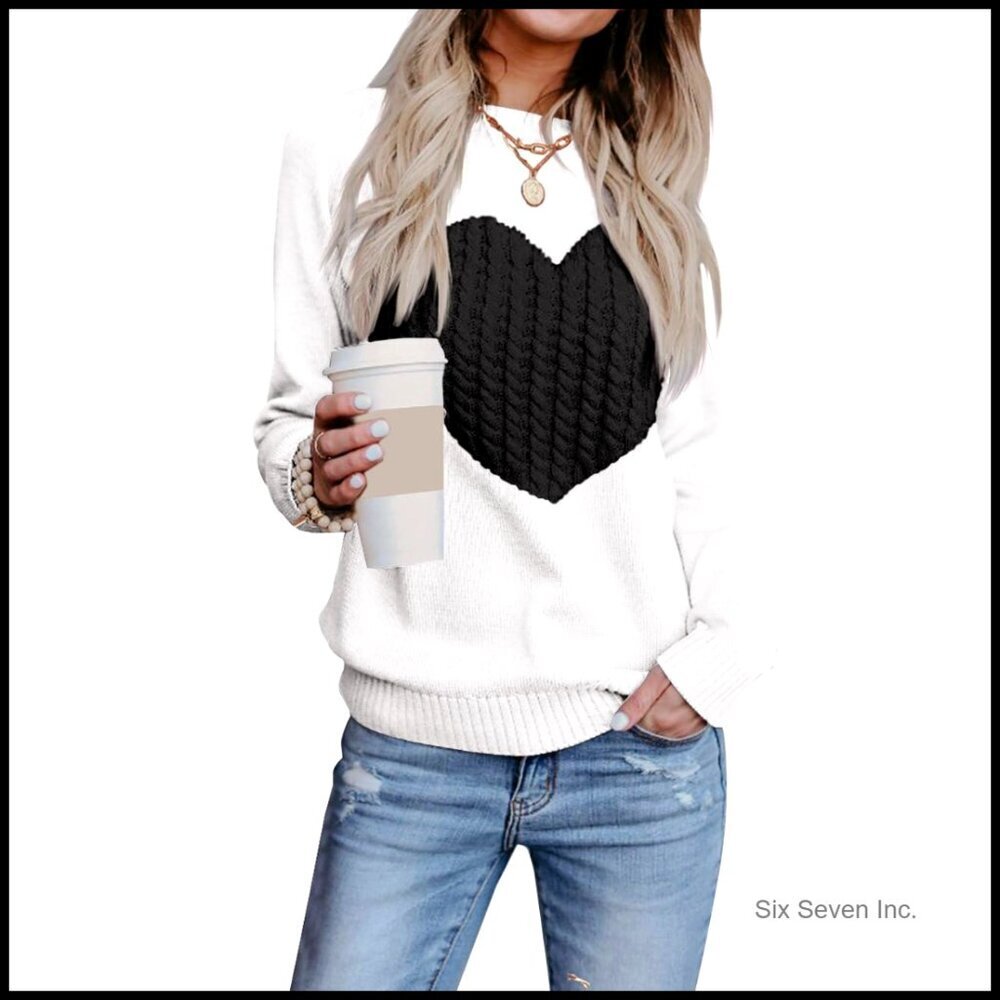 Heart Pattern Crewneck Sweater Lightweight Ribbed Knit Cute Pullover Top